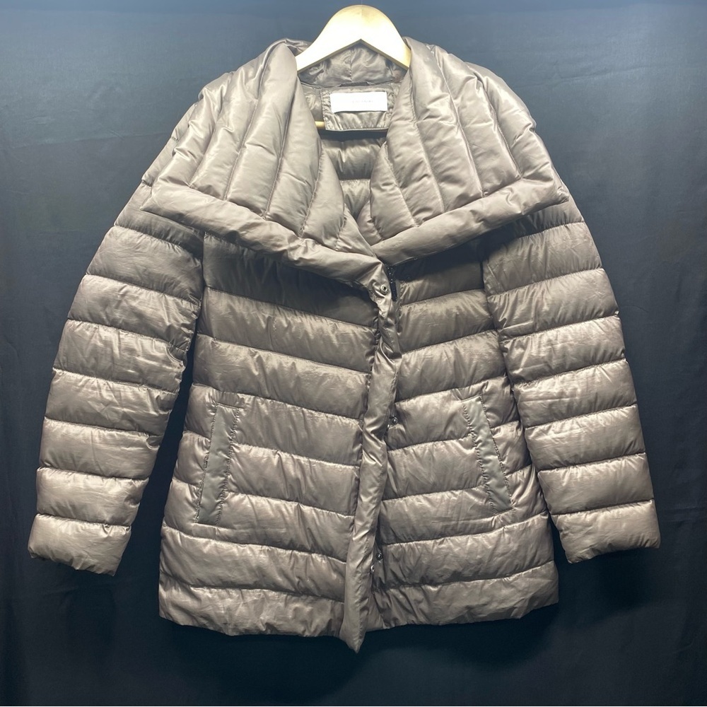 T Tahari Metallic Gray Puffer Jacket Women’s S Pockets Zip Snap 80 Down 20 Feath